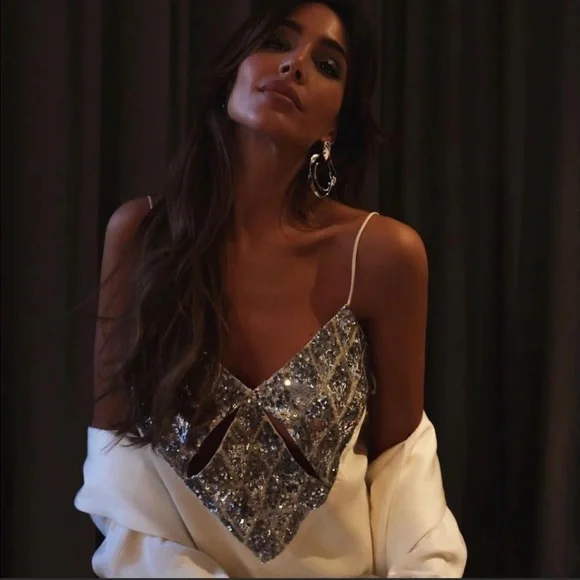 ZARA SATIN MINI DRESS BEIGE-PINK STRAPPY V-NECK - Picture 5 of 13